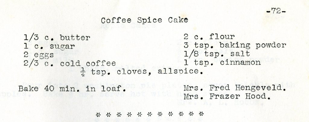 Hengeveld and Hood's Coffee Spice Cake recipe, 1928.