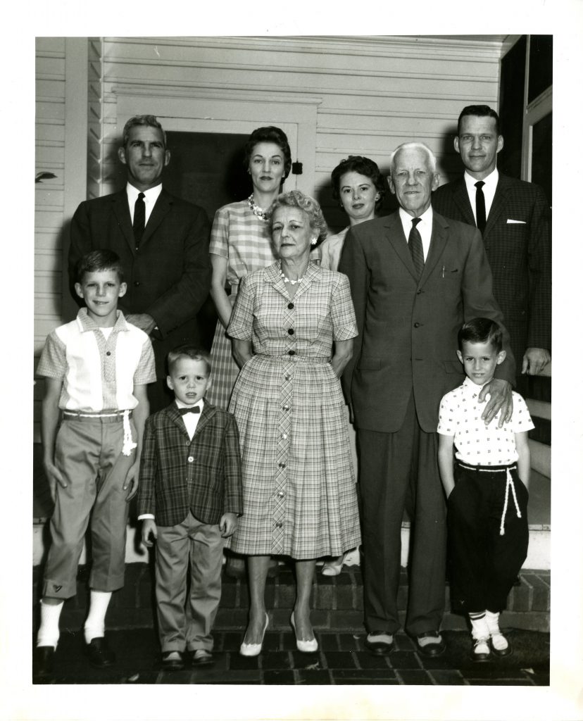 The Hengeveld family in 1963. From left to right: Mike O'Harra, Bill O'Harra, Fred W. Hengeveld III, Virginia Hengeveld O'Harra, Ruth Strickland Hengeveld, Anne Lowe Hengeveld, Fred W. Hengeveld, Fred W. Hengeveld, Jr., and Steve O'Harra.