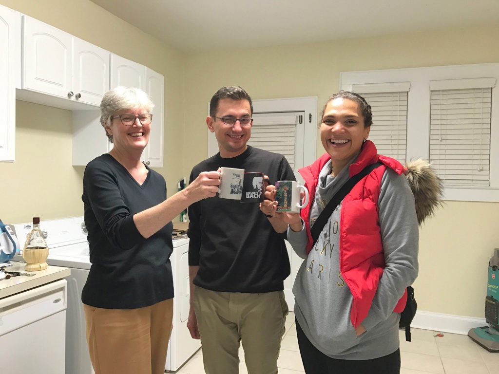 Jan, Roman Utkin, and Caroline Fache drinking archival gloff in December 2016