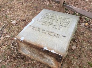 Fallen gravestone on dead leaves.  