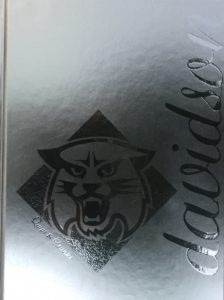 Matte silver book cover featuring shiny lowercase cursive writing reading "davidson" up the right side of the cover and the wildcat logo. "Quips and Cranks" is featuring on the lower left diagonal side of the logo. 