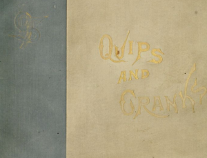 Cloth book cover. Colorblocked with one thick teal stripe on the left side, the rest is beige. "QUIPS AND CRANKS" is written in gold lettering.