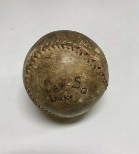 Baseball from a game against Duke, "Dav-5 Duke-0" written on it