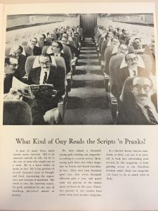 Scripts 'n Pranks black and white advertisement, showing the same individual on every seat of a plane