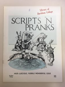 Cover of Scripts 'n Pranks showing Alice in Wonderland characters gazing at Alice in a swimming hole filled with alcohol