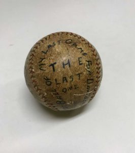 1927 baseball from the game between Davidson and Furman with the palyers names on it and, "Last Baseball of My Last Game for Davidson" and the score inscribed, "Davidson 16 Furman 5"