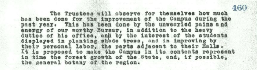 June 22, 1869 meeting minutes from the Board of Trustees discussing how the plants should reflect local botany.