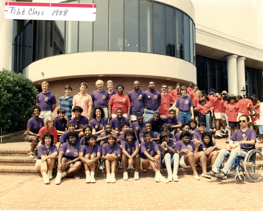 The 1988 pilot class for the Love of Learning program. Rev. Brenda Tapia, the newly hired assistant chaplain, stands in the middle of the photograph in the red t-shirt.