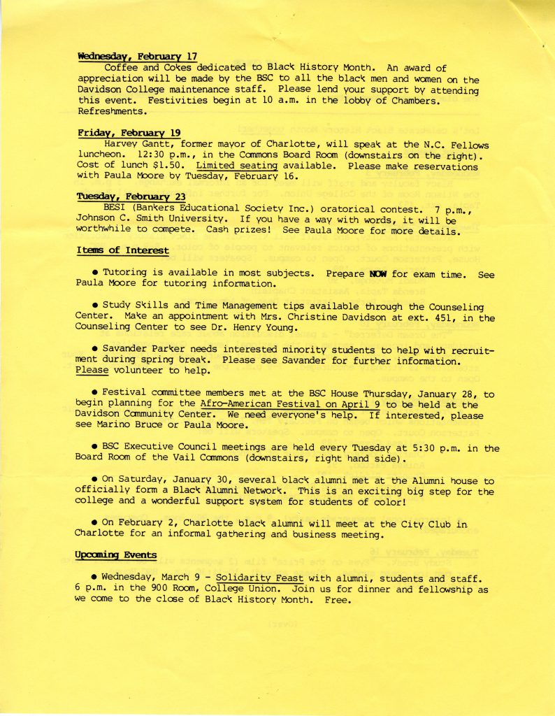 A scan of the second page of the February 1988 Black Student Coalition newsletter. Included is the date for the formation of the Davidson Black Alumni Network (DBAN) - January 30, 1988.