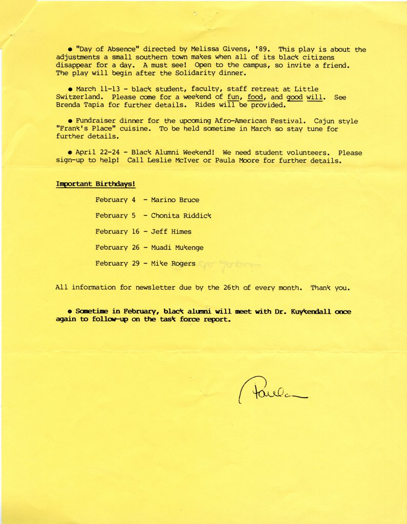 This is the third page of the Davidson College Black Student Coalition newsletter from February 1988. Note the closing message - "Sometime in February, black alumni will meet with Dr. Kuykendall once again to follow-up on the task force report.