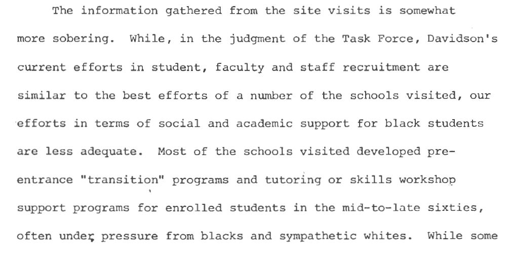 Screenshot of page 10 of the Task Force's Final Report. The report states: “While, in the judgment of the Task Force, Davidson's current efforts in student, faculty and staff recruitment are similar to the best efforts of a number of the schools visited, our efforts in terms of social and academic support for black students are less adequate.”