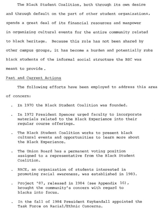 Page 28 of the Task Force on Racial Concerns which lists the "past and current actions" of Davidson's Black Student Coalition between 1970 and 1984.