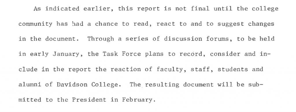 A paragraph snippet from page 3 of the Task Force's final report. The paragraph states, "Through a series of discussion forums, to be held in early January, the Task Force plans to record, consider and include in the report the reaction of faculty, staff, students and alumni of Davidson College."