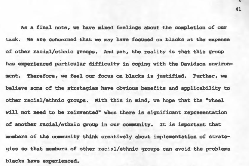 A screenshot from page 41 of the Task Force's final report that states: “…we hope that the "wheel will not need to be reinvented" when there is significant representation of another racial/ethnic group in our community. It is important that members of the community think creatively about implementation of strategies so that members of other racial/ethnic groups can avoid the problems blacks have experienced,” 