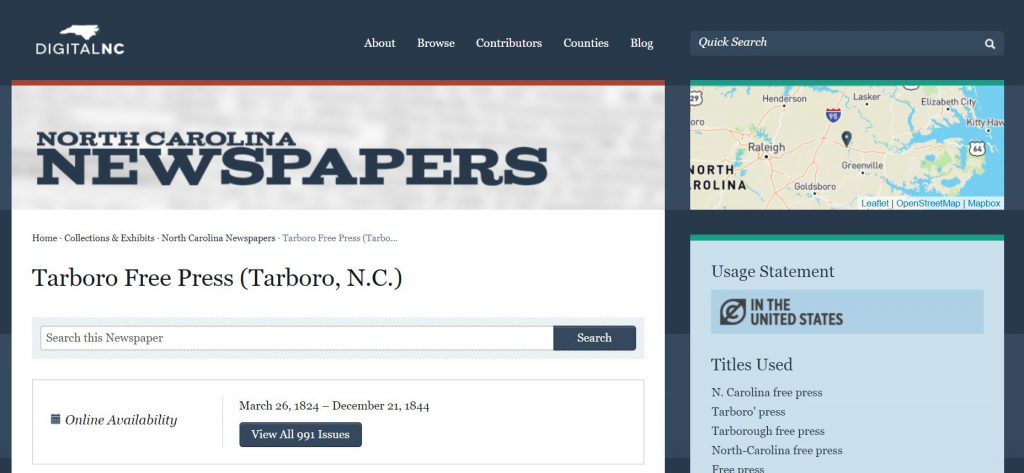 Screenshot of Tarboro Free Press newspaper landing page on DigitalNC.org.