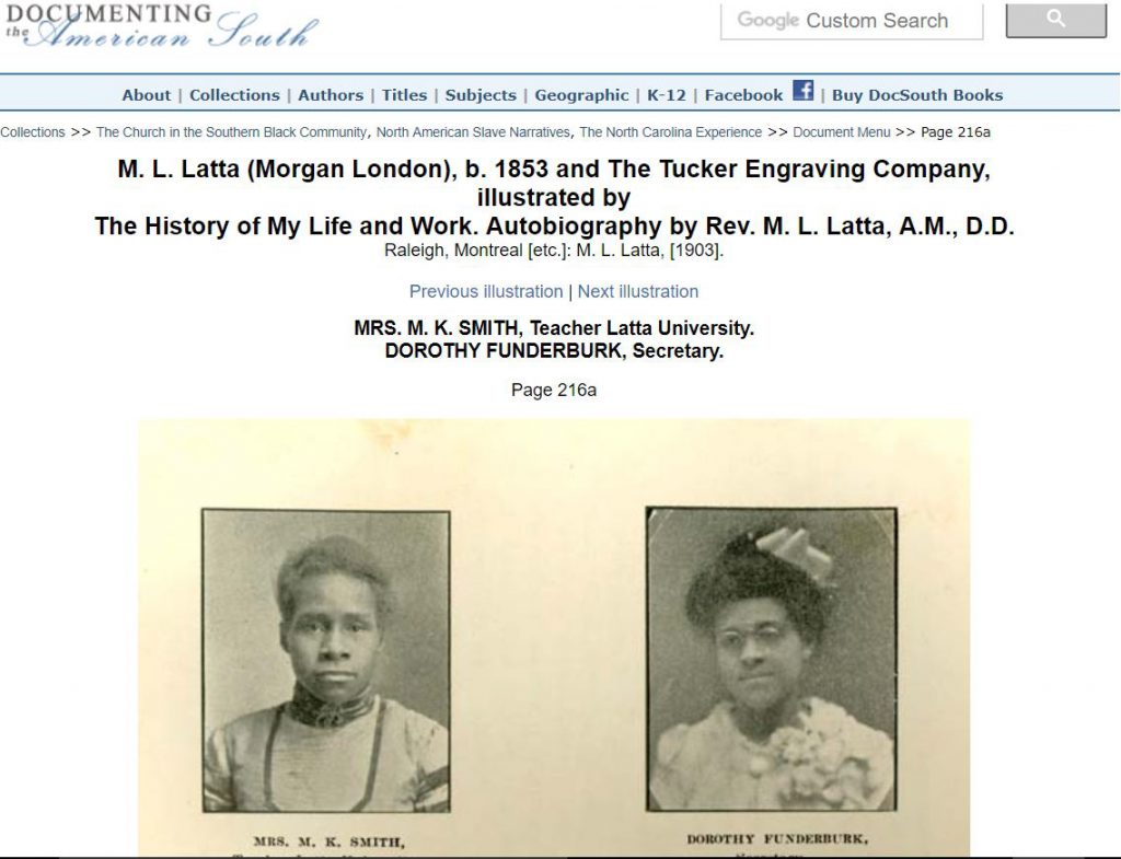 Screenshot of Photographs of Mrs. M.K. Smith and Dorothy Funderburk found through the Documenting the American South digitized archives.