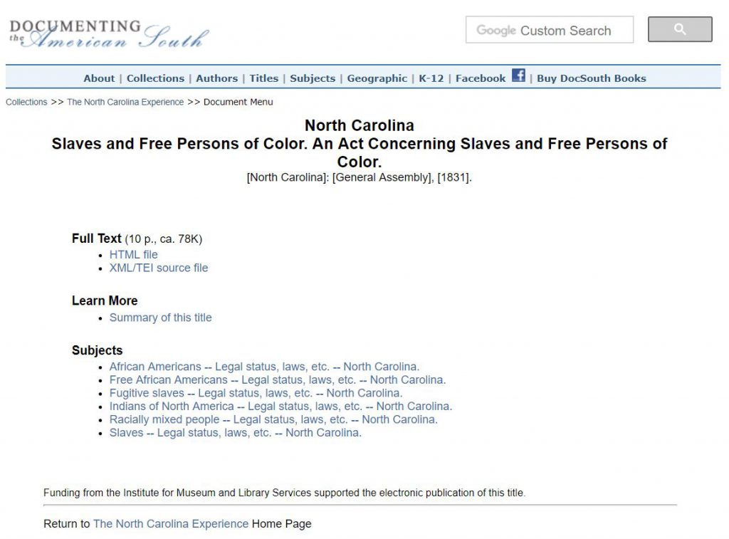 Screenshot of the "Documenting the American South" landing page for "North Carolina Slaves and Free Persons of Color. An Act Concerning Slaves and Free Persons of Color."