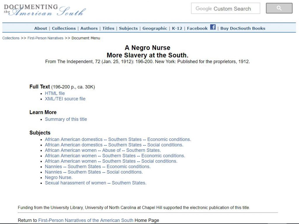 Snapshot of the landing page A Negro Nurse More Slavery at the South. Source: Documenting the American South, UNC Chapel Hill.