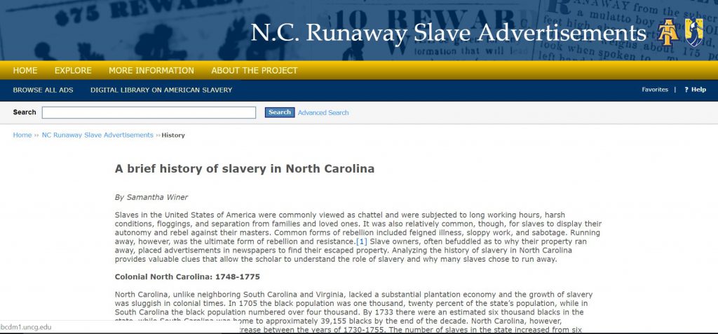 Screenshot of the homepage for the Introduction to the North Carolina Slave Runaway Advertisements database, "A brief history of slavery in North Carolina." 