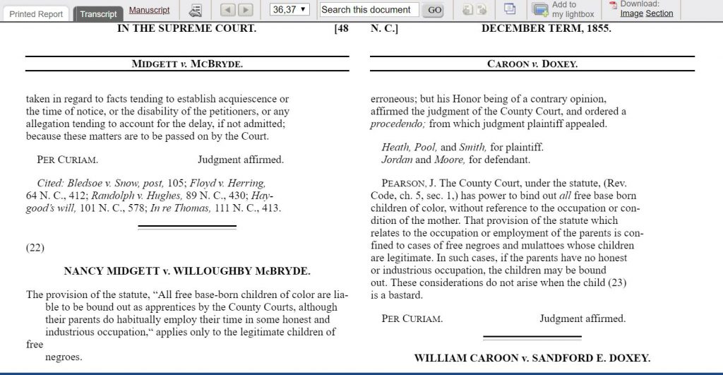 Screenshot of Court case NANCY MIDGETT v. WILLOUGHBY McBRYDE found in "Slavery, Abolition, and Justice."