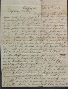 Scanned page of handwritten text by Mary Gibson to her brother, Robert, on November 2, 1863. In the document, Mary complains about how the Civil War has made it difficult to find slave labor.