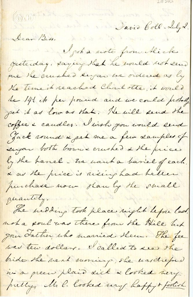 Scan of the first page of a July 2, 1856 handwritten letter written by Mary Lacy to her step-daughter, Bess. She asks Bess about crops and food products.