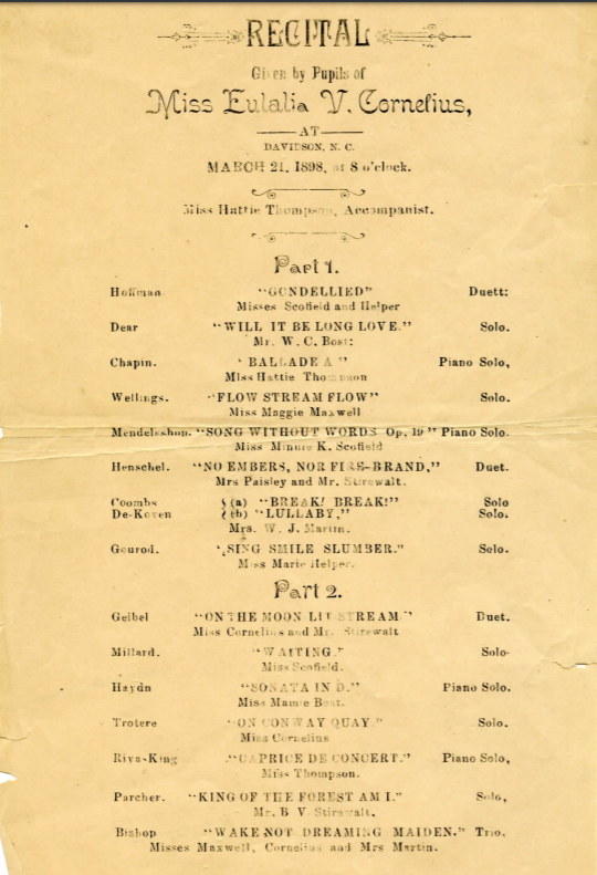 Scan of the recital program led by Eulalia Cornelius on March 21, 1898. The document lists piano solos and solo and trio vocal performances.