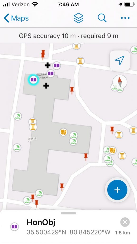 Screen shot of cell phone rendering  Davidson campus with colored icons representing activities in specific places   