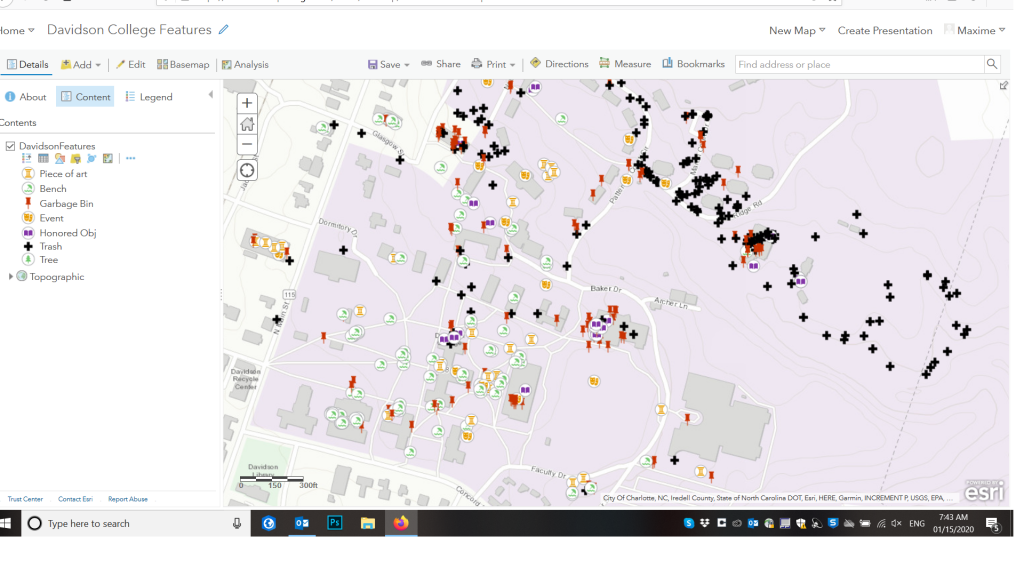 A colored map of Davidson campus using the online platform of ESRI to visualize queries