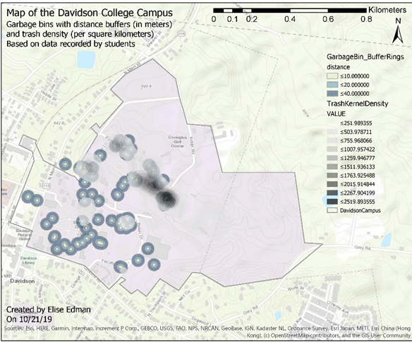 color map of the Davidson campus showing the location of garbage bins and loose trash 