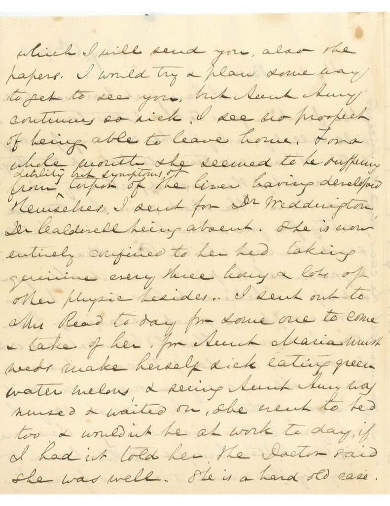 Scan of a page from a handwritten letter by Mary Lacy dated August 6, 1859. Quotes from the paragraph are described below.