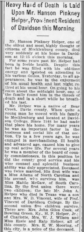 Snippet from the October 2, 1902 Charlotte News featuring H.P. Helper's obituary. The relevant content is referenced in the paragraph, below.