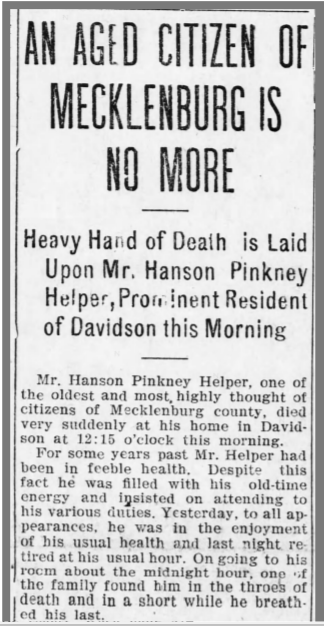 Scanned excerpt from Hanson Helper's October 2, 1902 obituary. This is described in the following paragraph. Titled "aged citizen of Mecklenburg is no more."