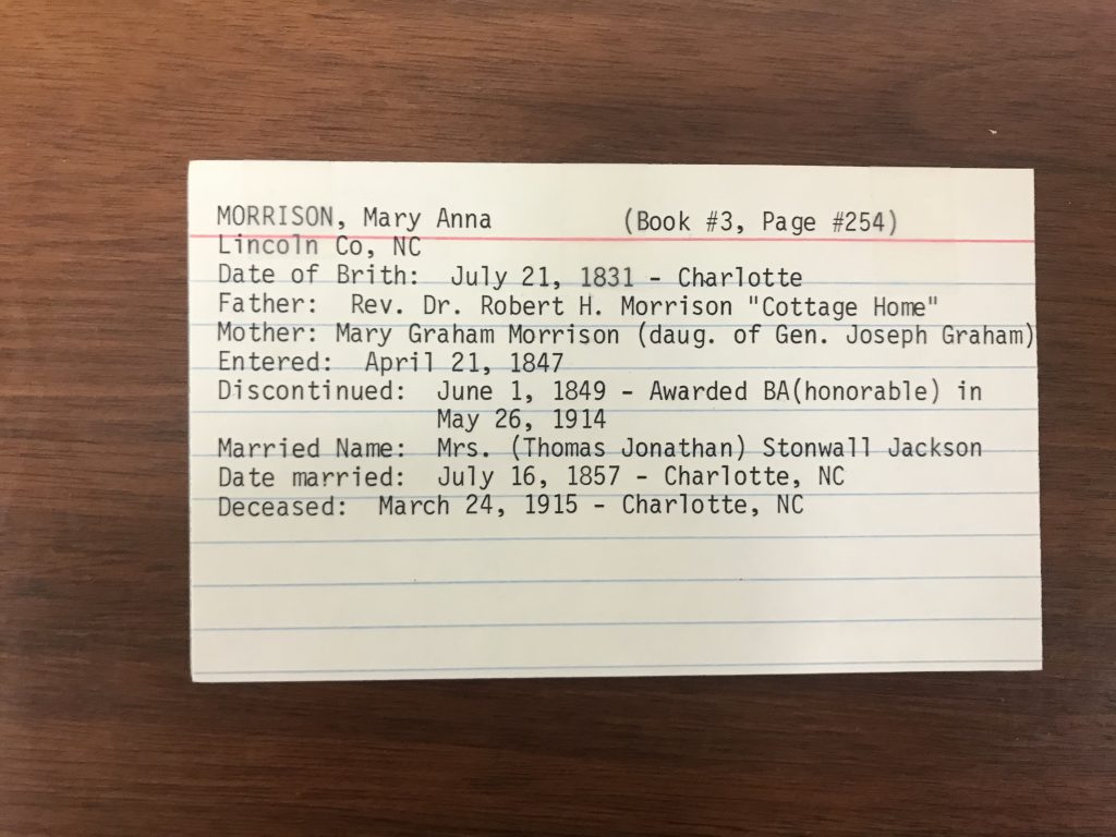 Photograph of an index card with information about Mary Anna Morrison from Salem Academy, including birthdate, marriage, and parents.