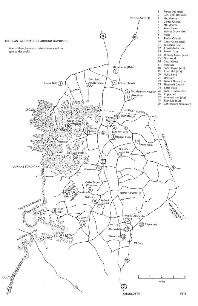 Scan of a supplemental map of 
portions of mecklenburg and iredell county described in the post. Numbered circles note plantation homes and churches.