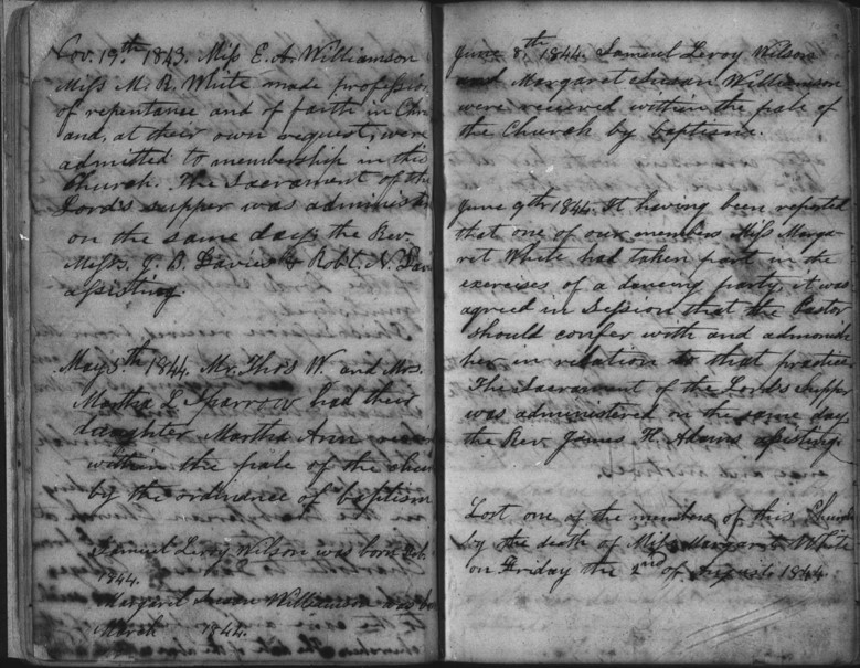 Handwritten minutes of the Davidson College Presbyterian Church from June 9, 1844. Digitized microfilm.