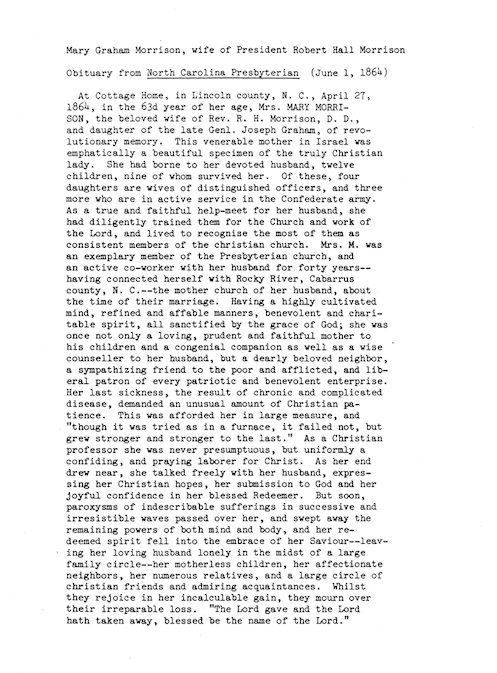 Typescript of Mary Graham Morrison's obituary as published in the North Carolina Presbyterian on June 1, 1864. 