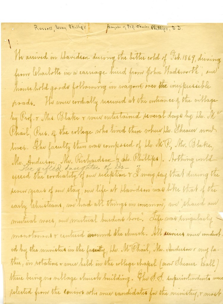 Handwritten childhood reminiscences of Lucy Phillips Russell during reconstruction in Davidson, North Carolina. Contents of the letter is discussed in following paragraphs.