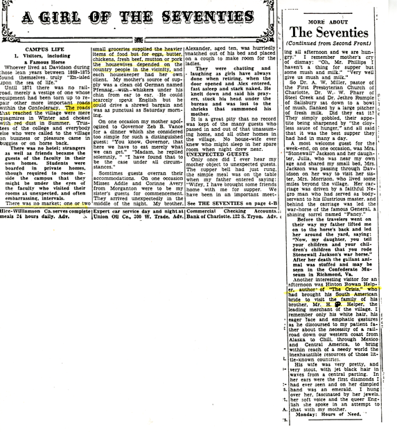 Newspaper article titled "A Girl of the Seventies." The article goes into detail about dinner parties and lodgings provided by women in the town of Davidson in the late 19th century.