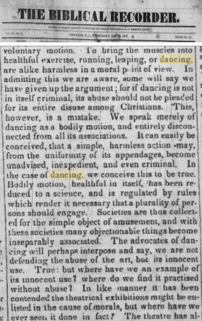 Clipping of a digitized copy of the May 24, 1837 edition of The Biblical Recorder. Article titled “From the Presbyterian: Dancing.”