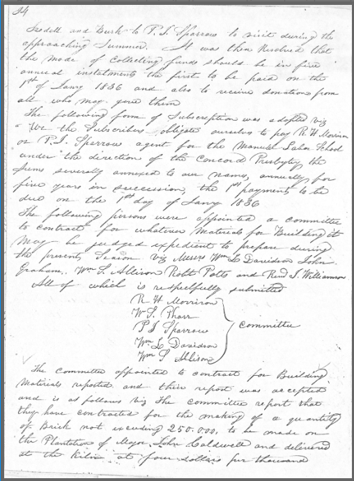 Scan of handwritten Presbytery of Concord meeting minutes from 1836 describing a large purchase of bricks made on the plantation of John Caldwell.