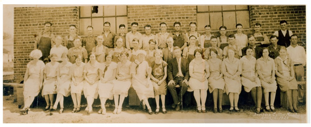 The first shift of the Davidson Cotton Mill poses outside of the mill on April 6, 1928.