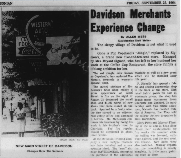 September 25, 1964 edition of the Davidsonian discussing changes to Main Street and the Coffee Cup restaurant. 