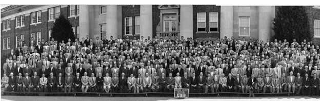 Photograph of 845 students and 63 Davidson faculty in front of Chambers in March 1955.