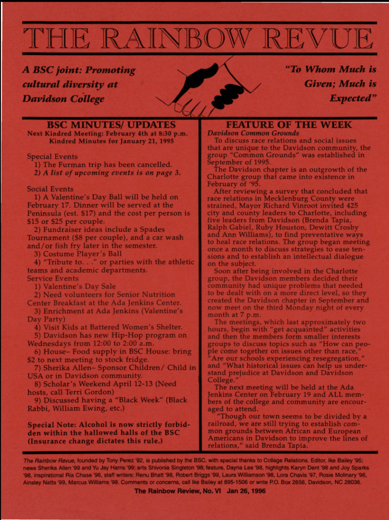 Front page of the January 26, 1996 Black Student Coalition newsletter, "The Rainbow Revue."