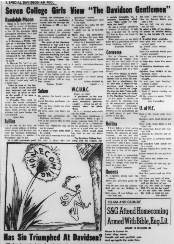 Article entitled "Seven College Girls View "The Davidson Gentlemen." The seven schools listed are Randolph-Macon, Sullins, Salem, W.C.U.N.C, Converse, Hollins, Queens and U. of N.C.