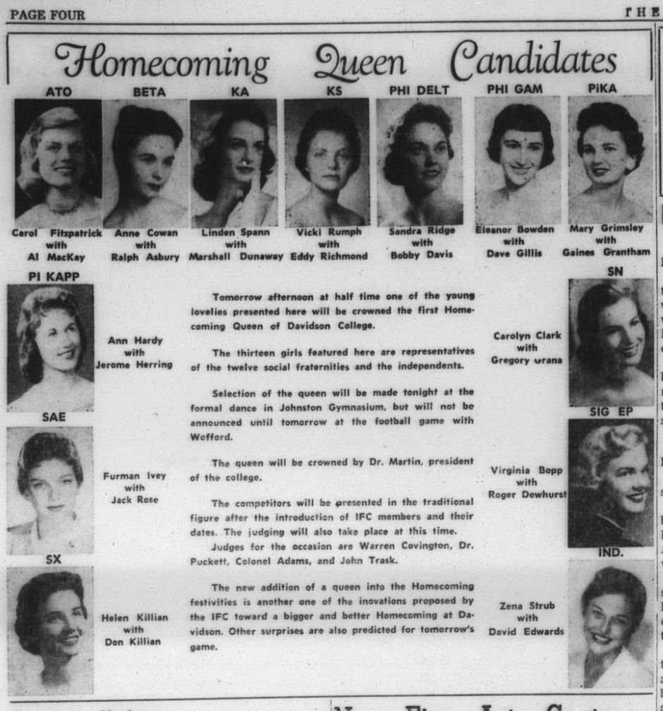 Article entitled "Homecoming Queen Candidates." Depicts portraits of 12 women, with their names followed by the fraternity that nominated them. 