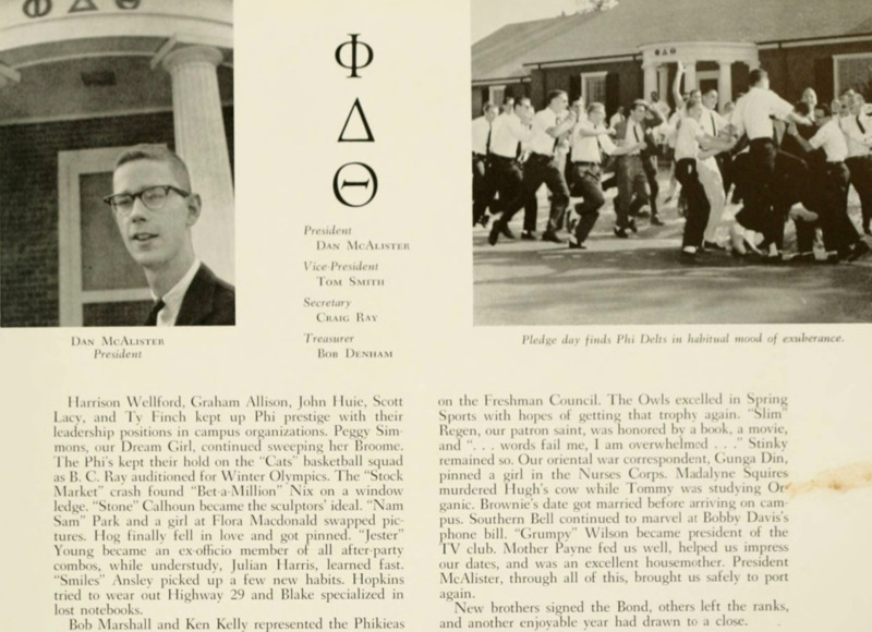 Yearbook page for Phi Delta Theta. On the left is an image of the president of the fraternity standing in front of the fraternity house. To the right is in an image of pledge day. In the pledge day image, around 20 young men are excitedly running towards the fraternity house. 